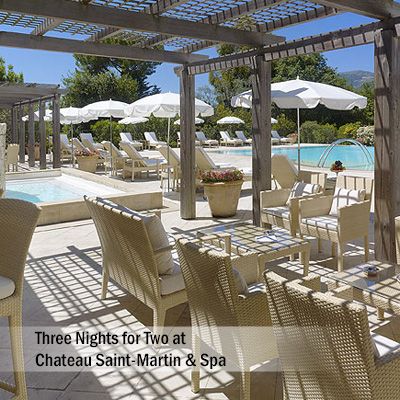 CHÂTEAU SAINT-MARTIN & SPA - Settle into the heart of the Côte d'Azur region during this 3-night stay for 2 guests at this magnificent château and spa.  Experience the endless natural beauty where the sea and mountains combine at this 5-star luxury property overlooking the Mediterranean coastline.  Enjoy a variety of amenities including tennis courts and a swimming pool, dine at their famous Le Saint-Martin restaurant which has been awarded two Michelin stars or simply explore or relax in these luxurious surroundings. Airfare not included. 